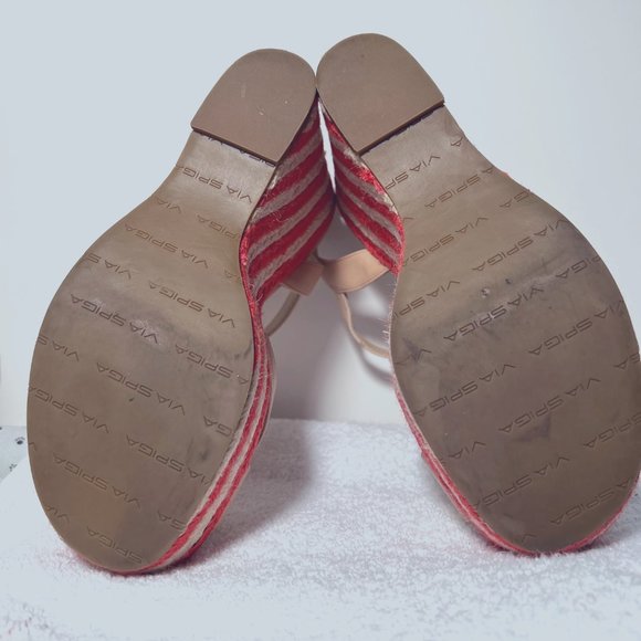 Via Spiga-Women's Wedge Straw Coral & Tan Leather Sandals-4" Heels-Sz. 7M-Unique - Picture 7 of 10